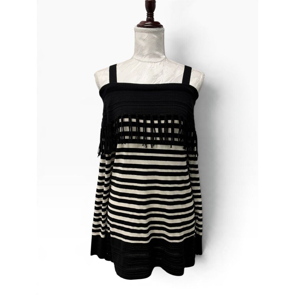 White House Black Market Black & White Stripe Cold-Shoulder Fringe Tunic Sweater